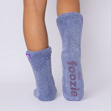 Load image into Gallery viewer, The Foozie™ Move in Blue, back view showing the diamond cable knit and the foozie grips on the sole