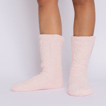 Load image into Gallery viewer, The Foozie™ Move in Pink, front view of both feet showing the diamond cable knit