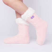 Load image into Gallery viewer, The Foozie™ in Pink, side view worn in Kids/Small with the sherpa cuff folded down