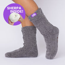 Load image into Gallery viewer, The Foozie™ Move in Dark Gray, side view on foot with a 'Sherpa inside' badge showing the lining
