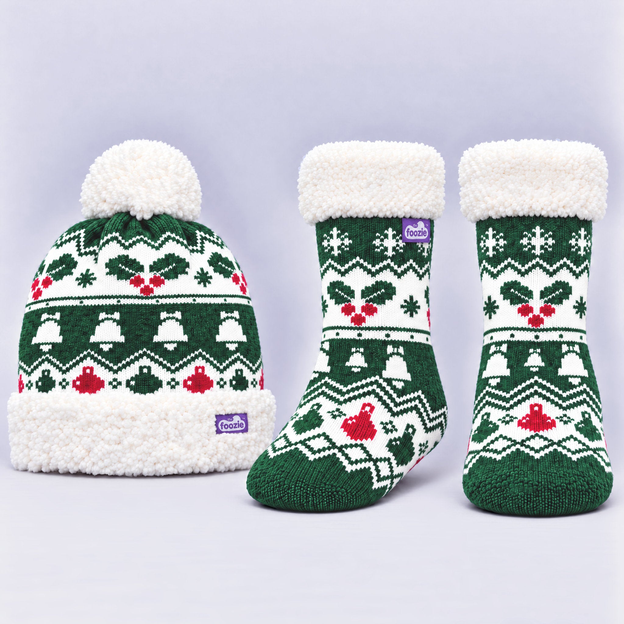 The Foozie™ Holly Festive Bundle, the beanie and matching slipper socks together