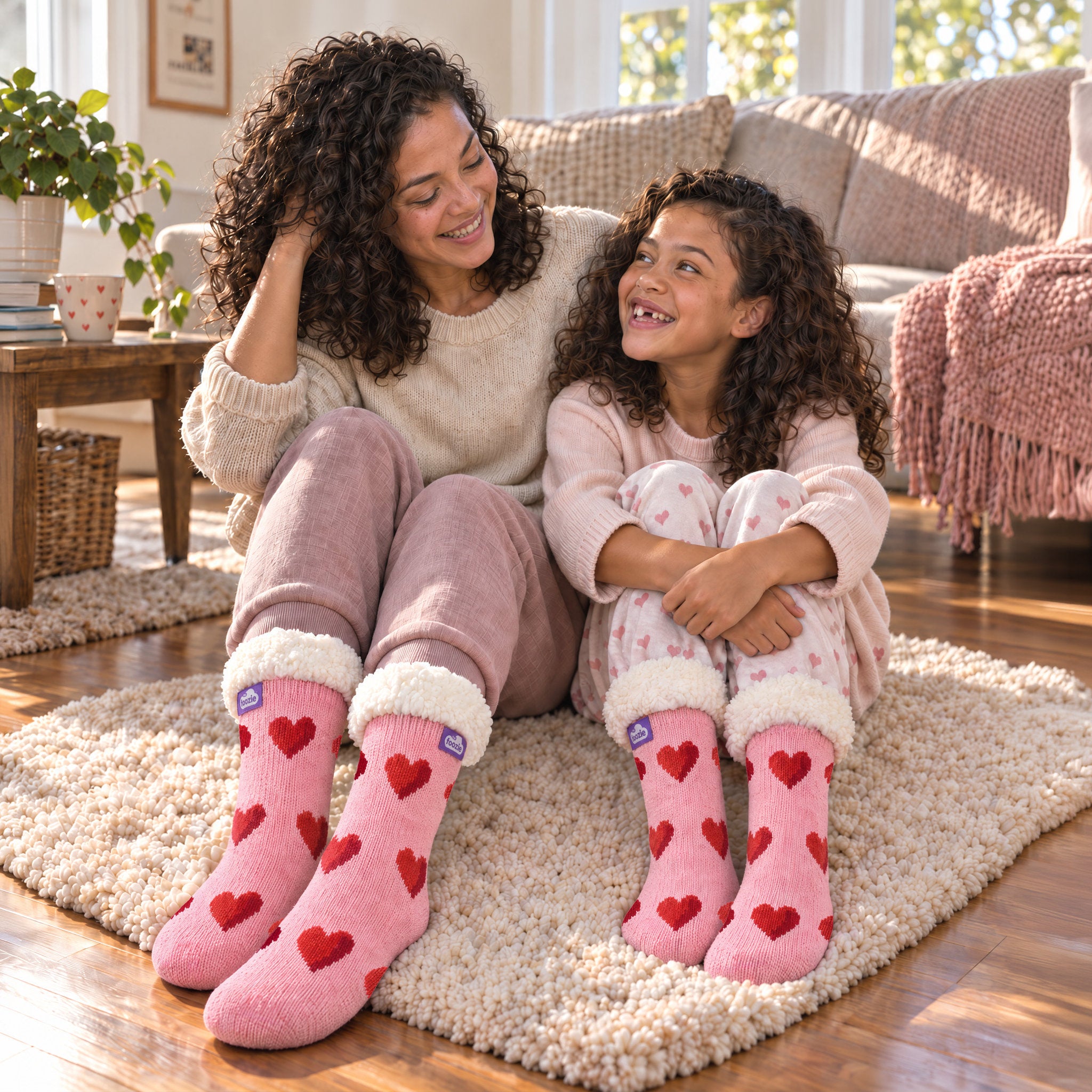 The Foozie™ Love Heart slipper socks, on a fluffy rug