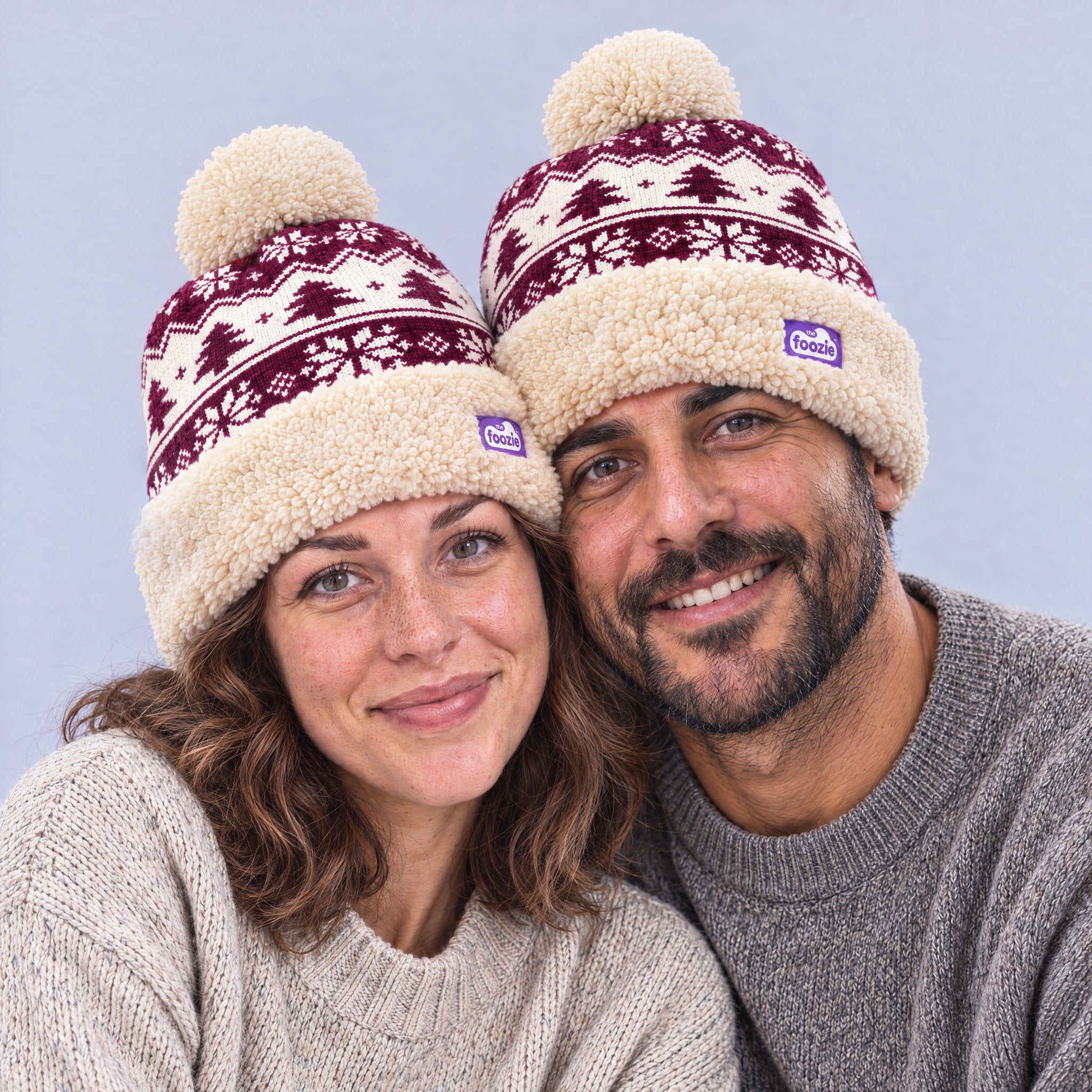 The Foozie™ Nordic Christmas Beanie, worn by a couple