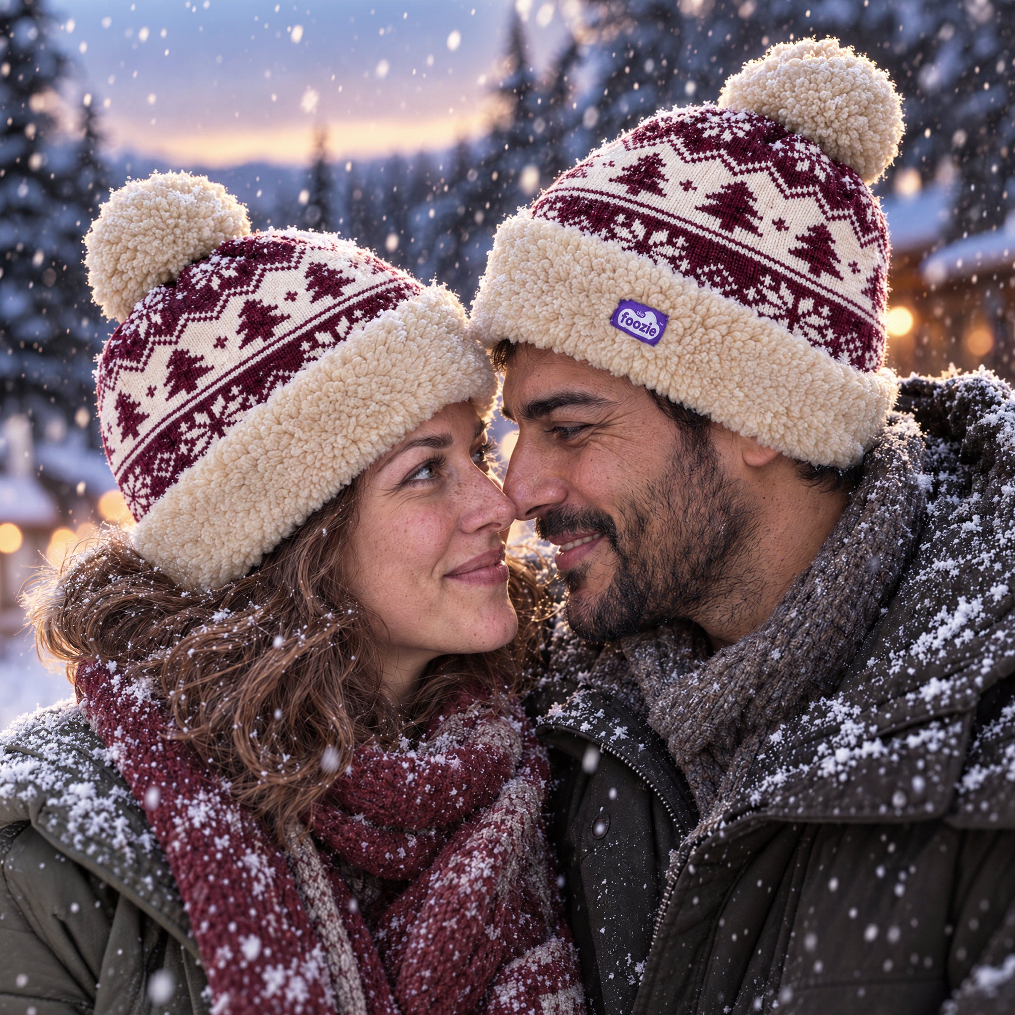 The Foozie™ Nordic Christmas Beanie, on a winter street