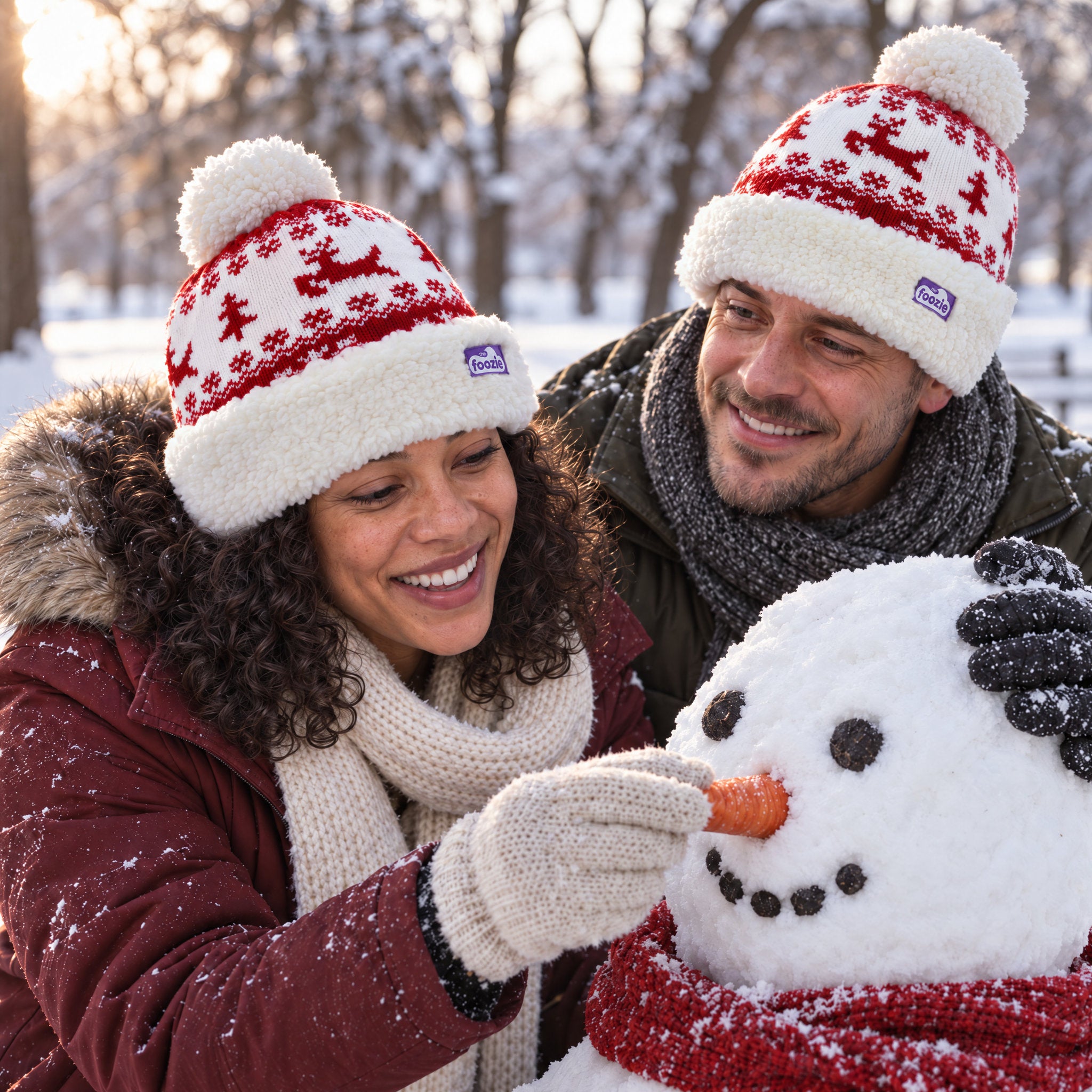 The Foozie™ Reindeer Christmas Beanie, building a snowman