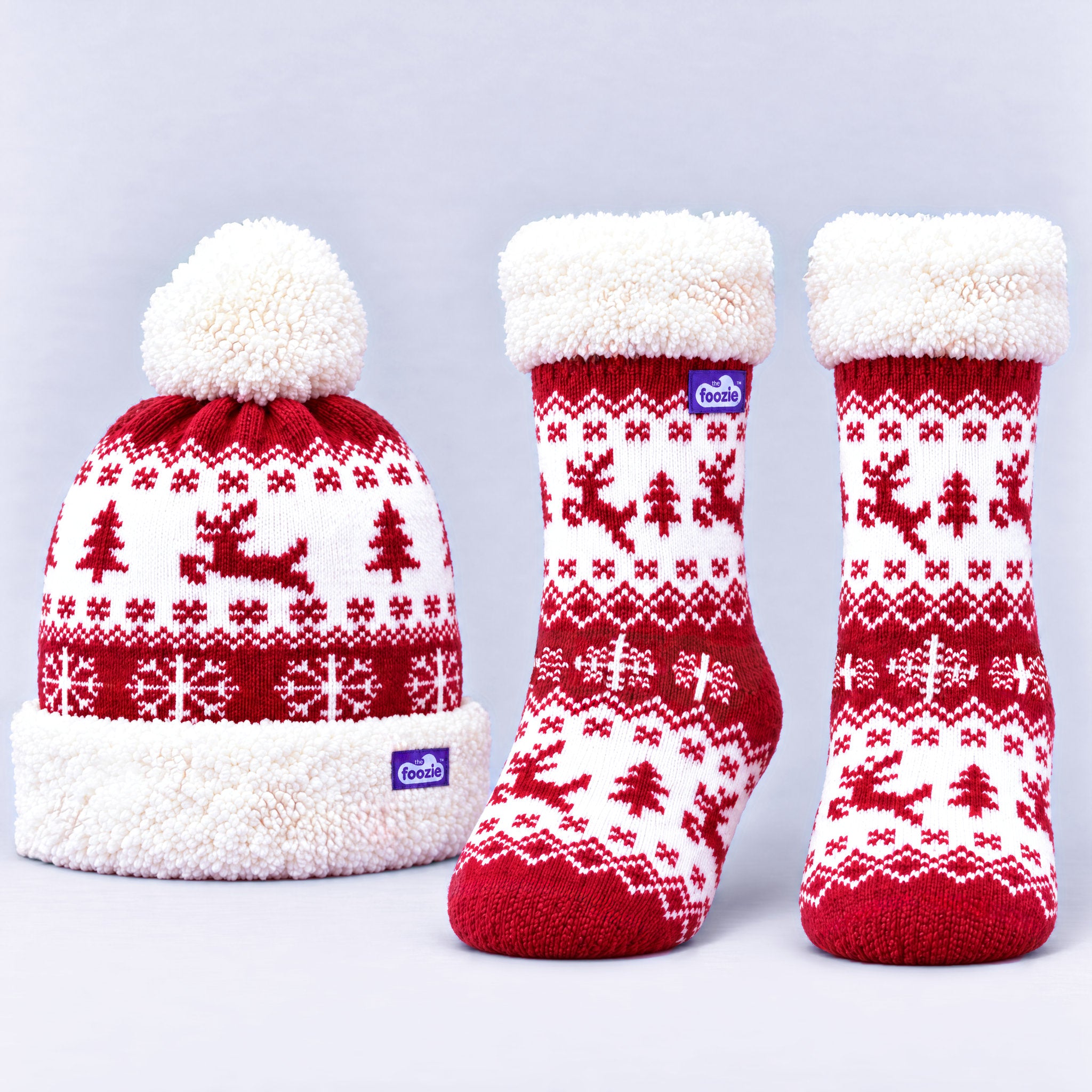 The Foozie™ Reindeer Festive Bundle, the beanie and matching slipper socks together
