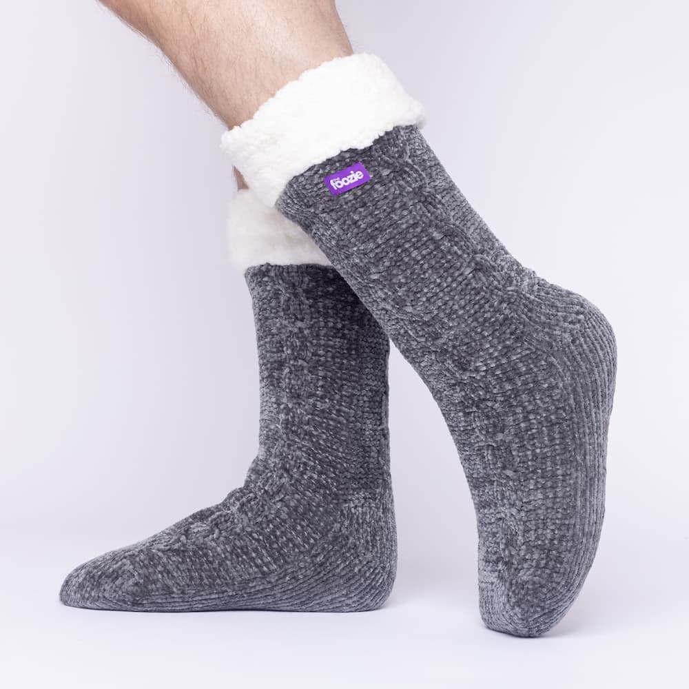 The Foozie™ in Dark Gray, side view worn by a man in Large with the sherpa cuff folded down