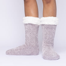 Load image into Gallery viewer, The Foozie™ in Light Gray, front view of both feet worn in Medium with the sherpa cuffs folded down
