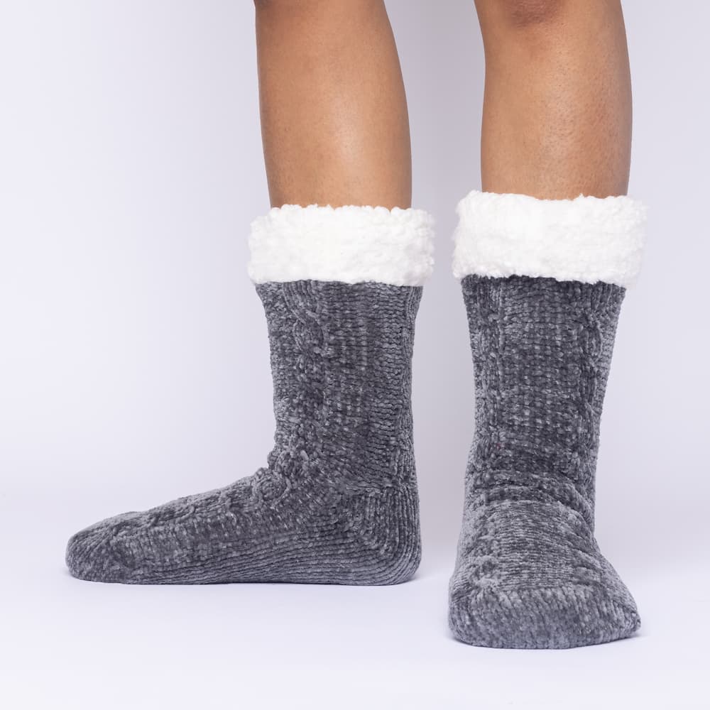 The Foozie™ in Dark Gray, front view of both feet worn in Medium with the sherpa cuffs folded down