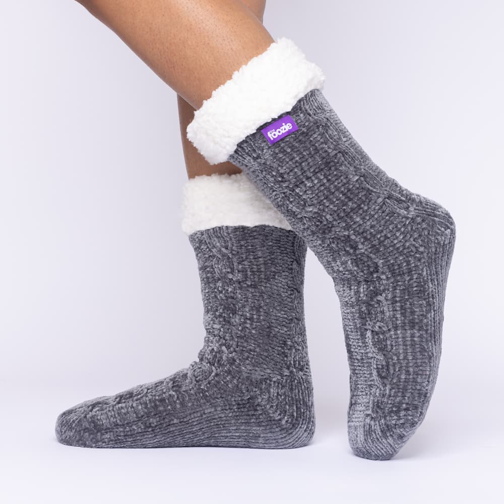 The Foozie™ in Dark Gray, side view worn in Medium with the sherpa cuff folded down