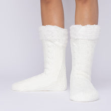 Load image into Gallery viewer, The Foozie™ in White, front view of both feet worn in Medium with the sherpa cuffs folded down
