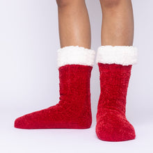 Load image into Gallery viewer, The Foozie™ in Red, front view of both feet worn in Medium with the sherpa cuffs folded down
