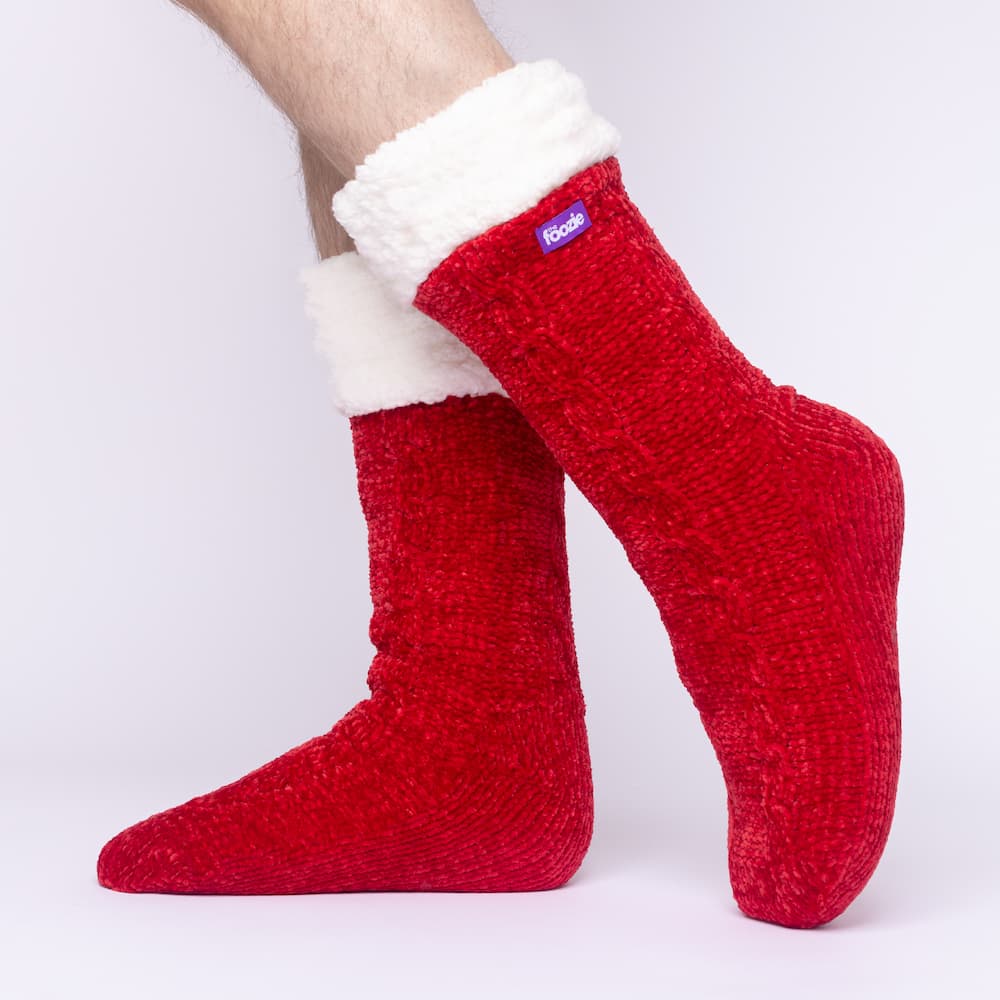 The Foozie™ in Red, side view worn by a man in Large with the sherpa cuff folded down