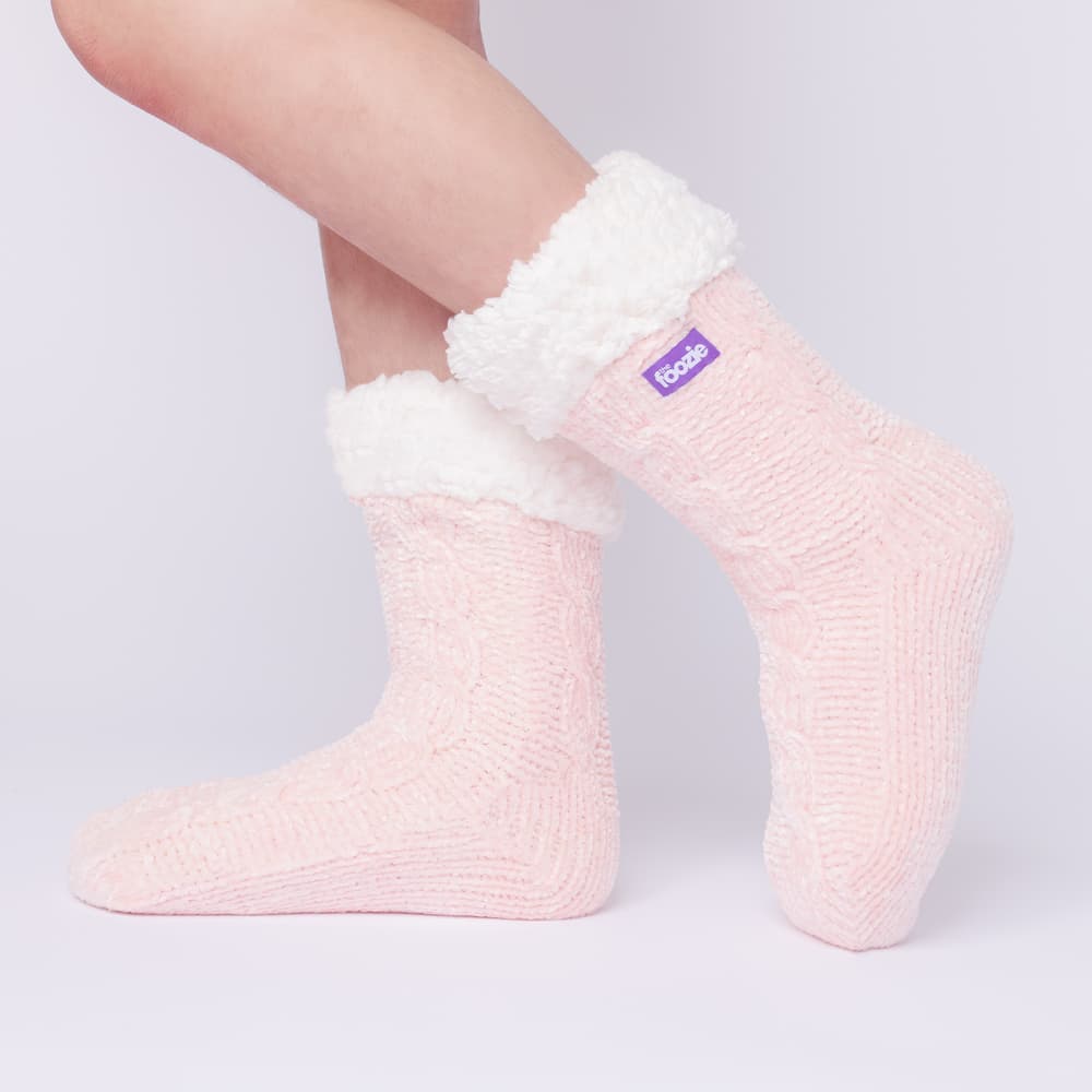 The Foozie™ in Pink, side view worn in Kids/Small with the sherpa cuff folded down