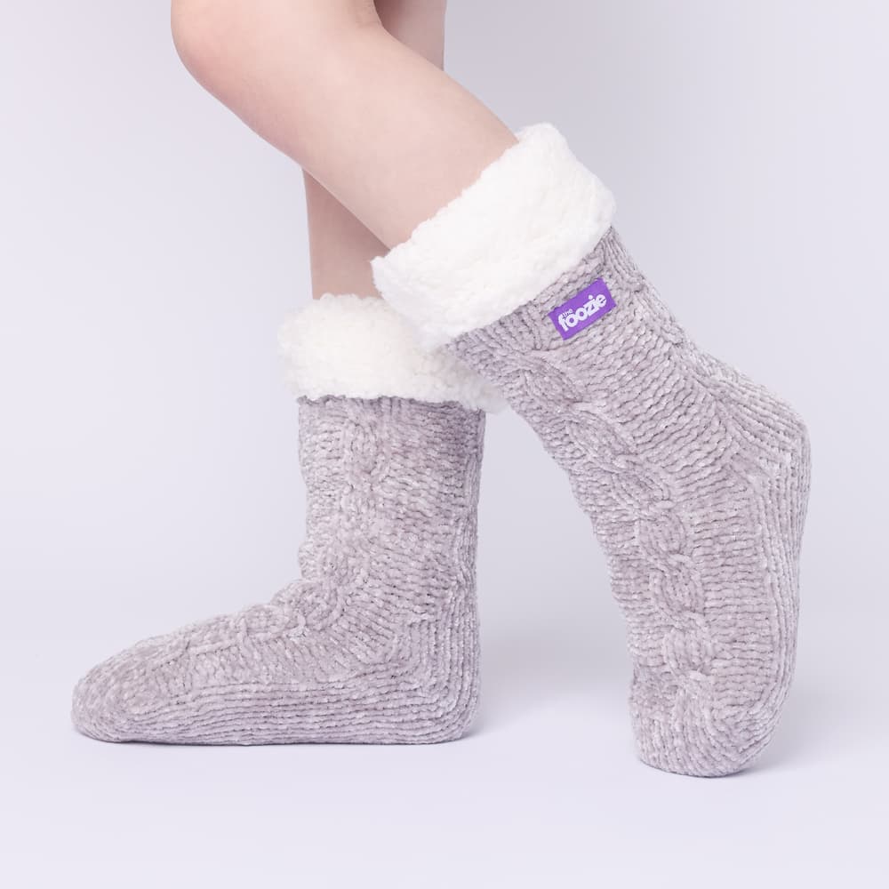 The Foozie™ in Light Gray, side view worn in Kids/Small with the sherpa cuff folded down