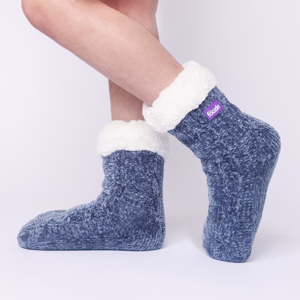 The Foozie™ in Blue, side view worn in Kids/Small with the sherpa cuff folded down
