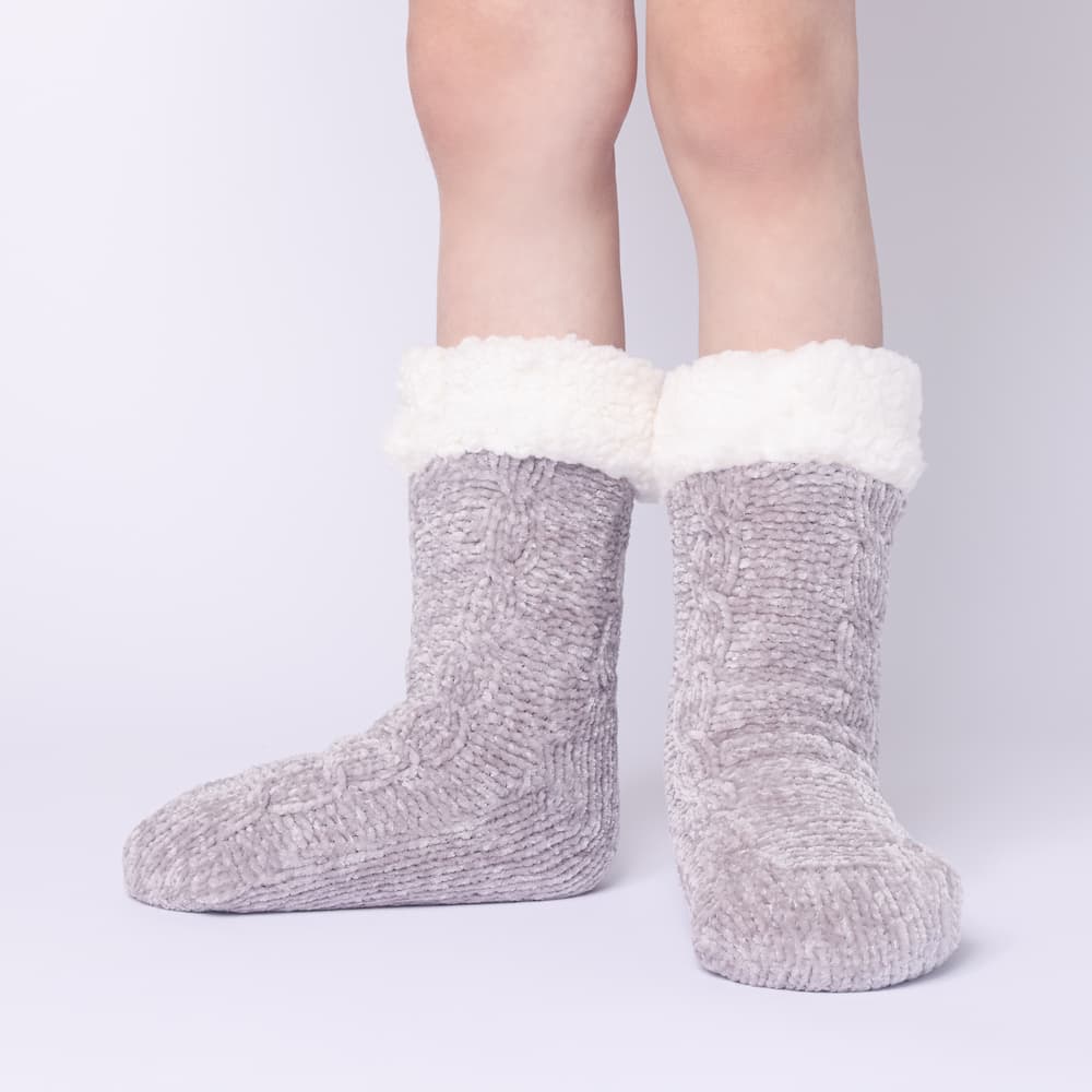 The Foozie™ in Light Gray, front view of both feet worn in Kids/Small with the sherpa cuffs folded down