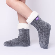 Load image into Gallery viewer, The Foozie™ in Dark Gray, side view worn in Kids/Small with the sherpa cuff folded down
