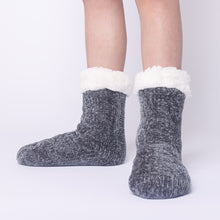 Load image into Gallery viewer, The Foozie™ in Dark Gray, front view of both feet worn in Kids/Small with the sherpa cuffs folded down

