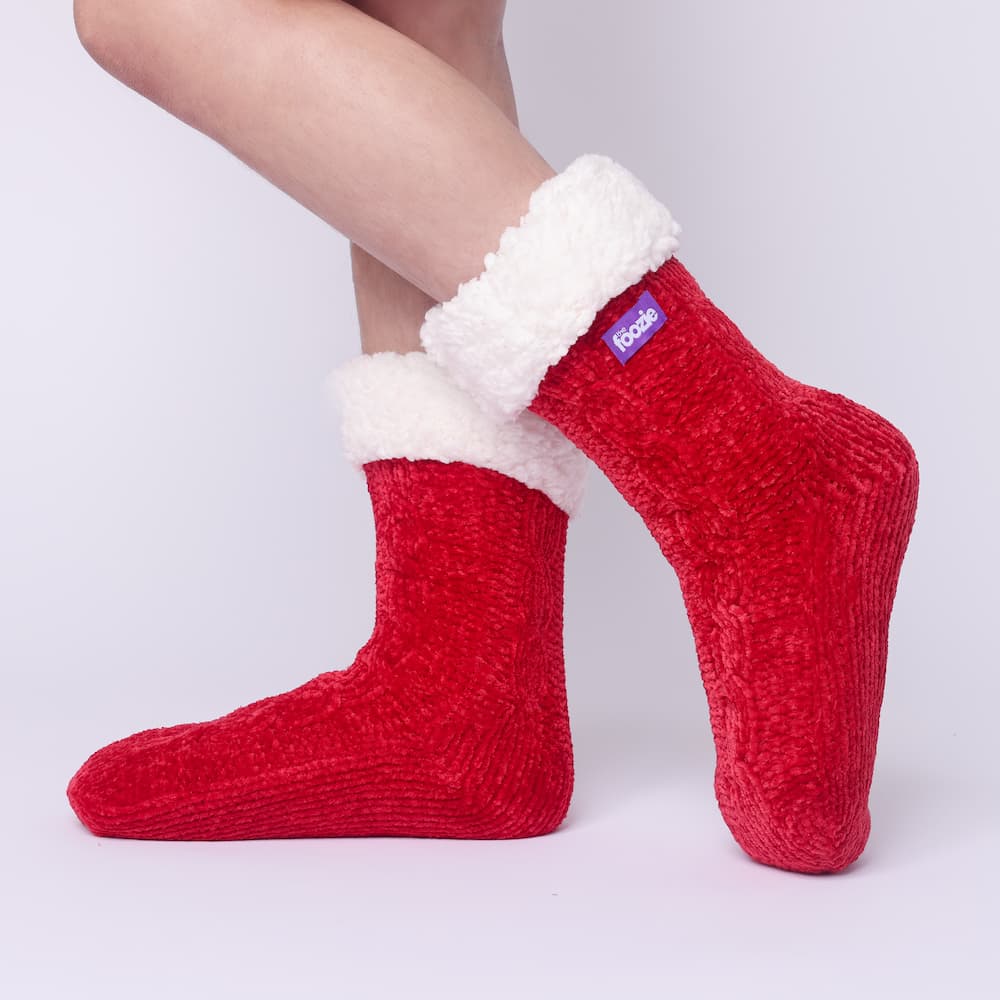 The Foozie™ in Red, side view worn in Kids/Small with the sherpa cuff folded down