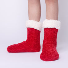 Load image into Gallery viewer, The Foozie™ in Red, front view of both feet worn in Kids/Small with the sherpa cuffs folded down
